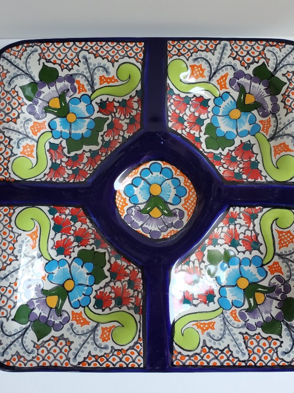 Hand-painted Ceramic Mexican Talavera Divided Serving tray Dish Vibrant Florals